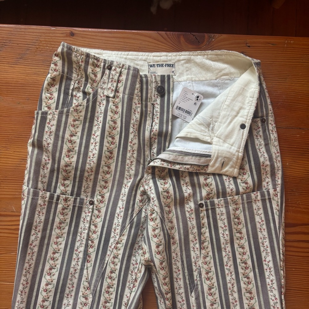 Free People Floral Striped Cargo Pants - Cream and Gray
